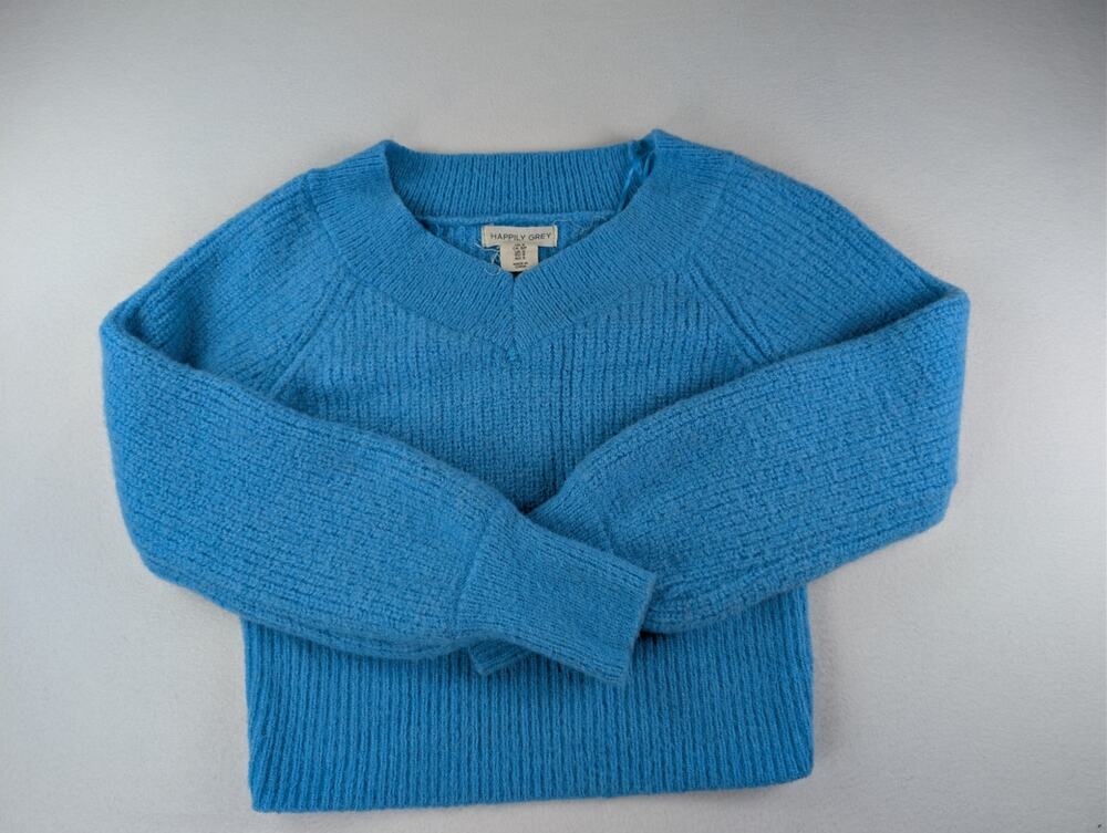 Happily Grey Blue Fuzzy Knit V-Neck Sweater Women’s Small